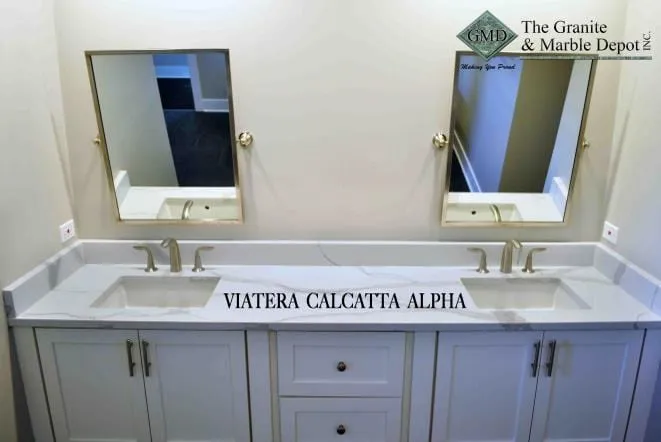 Viatera Calacatta Alpha quartz double vanity top on white cabinets