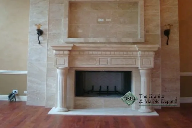 Full-height travertine fireplace surround with a projecting mantel shelf